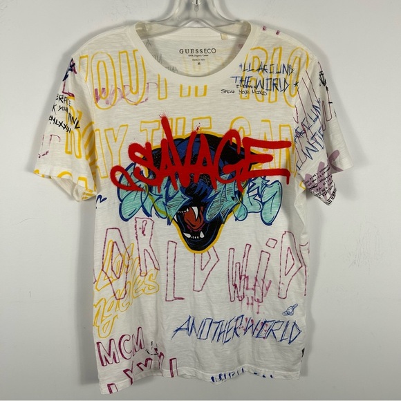 ❤️ Guess Men Crew Neck Short Sleeves Graffiti Savage Graphic White T-Shirt M - Picture 3 of 10
